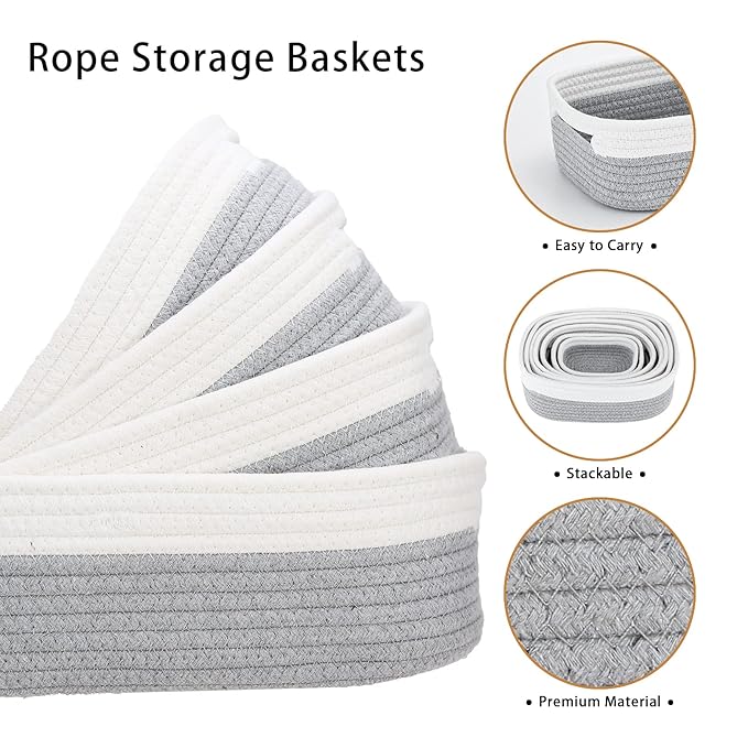 HLWDFLZ 7 Piece Cotton Rope Woven Basket Set - Small Basket for Baby Nursery, Pets, Montessori, Dog & Cat Toy Boxes, Bathroom Organization Bins (White/Gray)