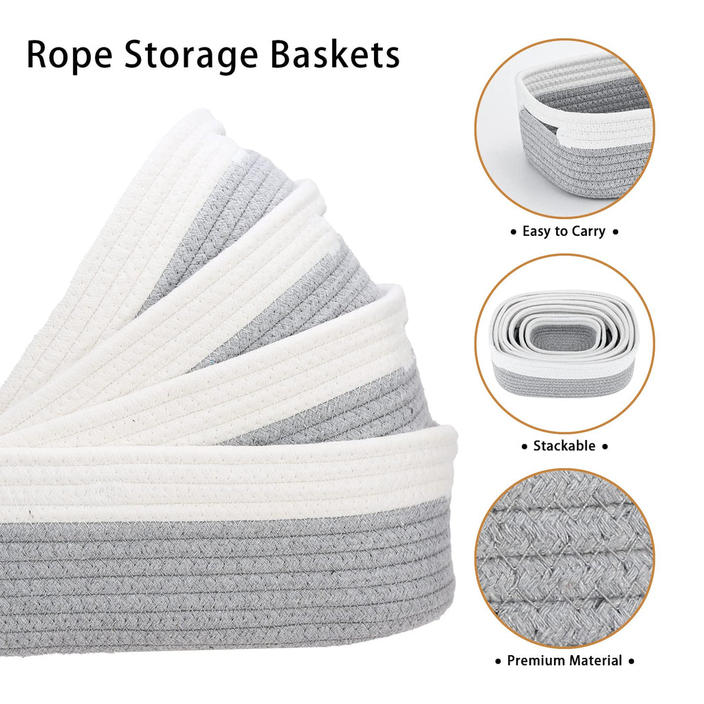 HLWDFLZ 7 Piece Cotton Rope Woven Basket Set - Small Basket for Baby Nursery, Pets, Montessori, Dog & Cat Toy Boxes, Bathroom Organization Bins (White/Gray)