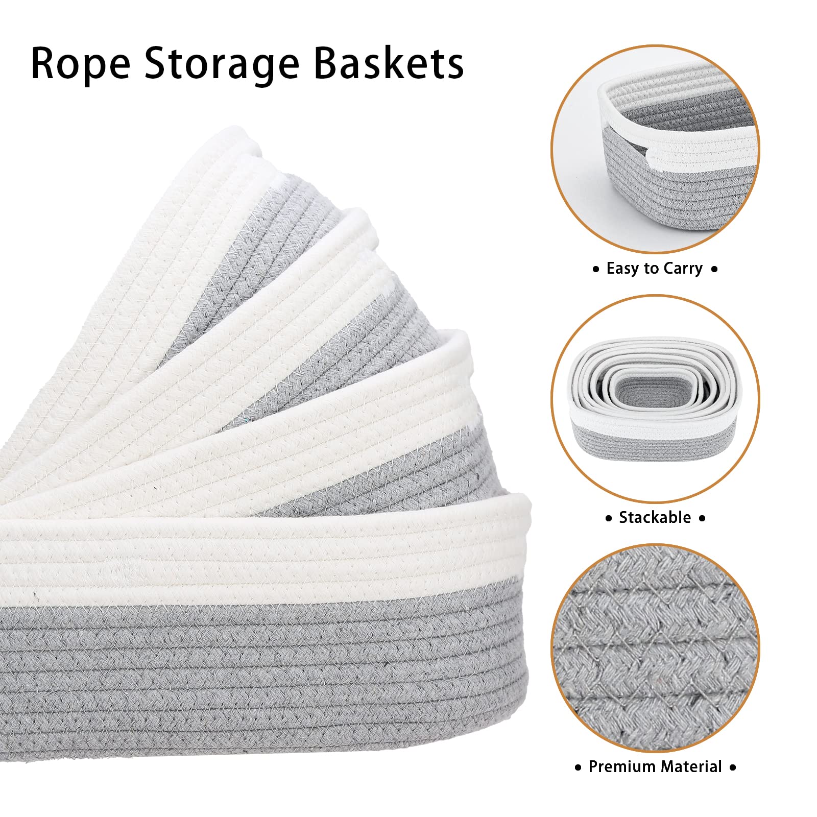 HLWDFLZ 7 Piece Cotton Rope Woven Basket Set - Small Basket for Baby Nursery, Pets, Montessori, Dog & Cat Toy Boxes, Bathroom Organization Bins (White/Gray)