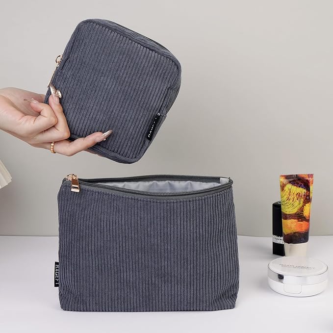 MAGEFY Small Makeup Bag, 2 Pcs Corduroy Makeup Bag for Purse Make Up Organizer Bag Mini Pouch with Slip-in Pockets Aesthetic Preppy Stuff - Black