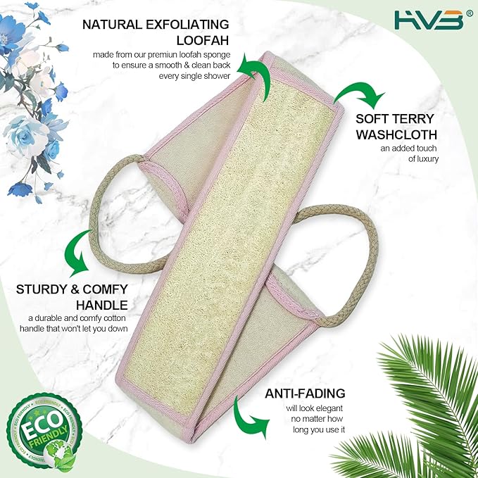 HVB Natural Loofah Back Scrubber for Shower, Exfoliating Natural Loofah Back Scrubber, Unisex, Deep Cleanses the Back and Revitalizes Skin – Pack of 2 (1 Box)
