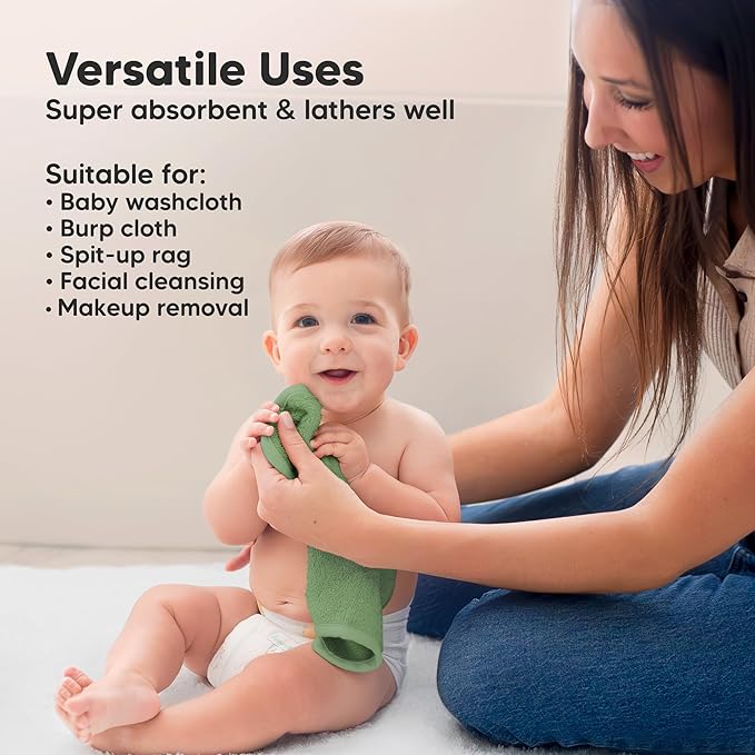 6-Pack Baby Washcloths – Soft Absorbent Viscose from Bamboo Washcloths for Face, Body, Baby Towels for Newborn, Kids, Toddlers, Infant, Gentle on Sensitive Skin, 10x10 Reusable Face Towels(Verde)