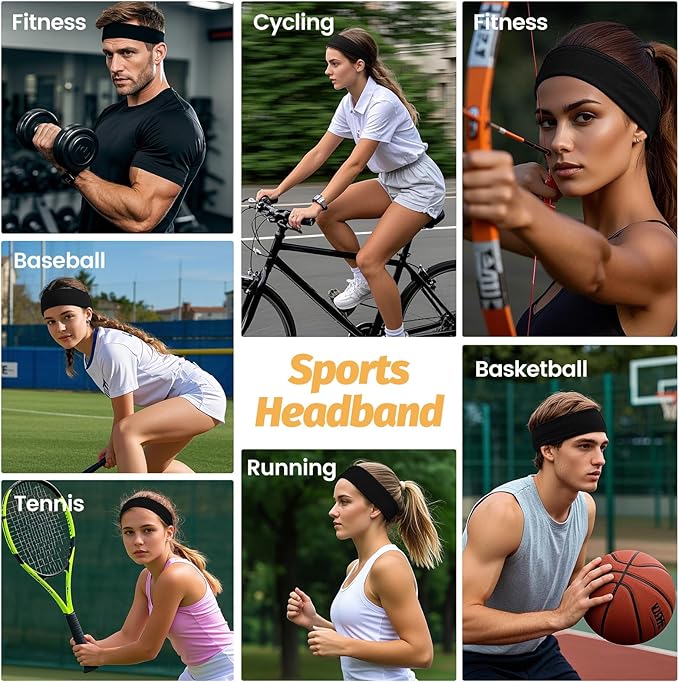 Headbands for Women - 6 Pack Wide Elastic Hairbands | Ultra-Soft Moisture Wicking Sports Headband | Non-Slip Accessories Bands for Fashion, Workouts, Yoga, Daily Use (6 Pack Black)