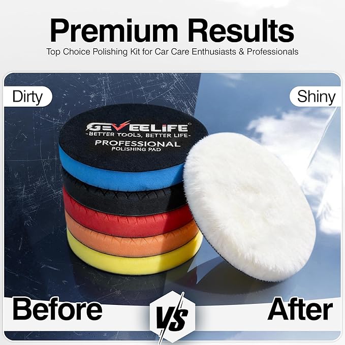 GEVEELIFE 9Pcs Buffing Polishing Pads Kit, 6 Inch Buffing Pads, Sponge & Woolen Pads with M14 Drill Adapter & Backing Plate for Car Care, Polishing, Washing, Cleaning, Waxing