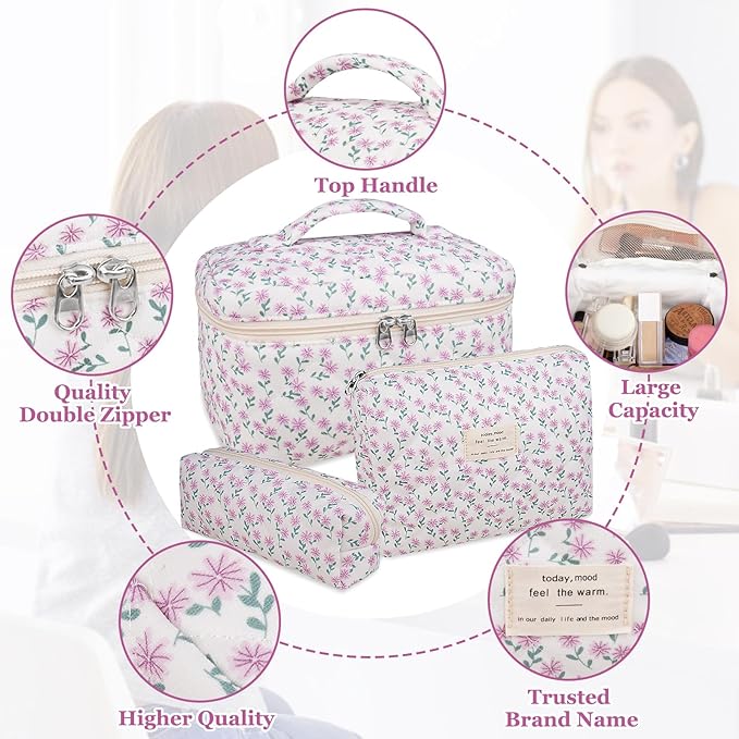 Gosect Makeup Bag Set, Quilted Makeup Bag, Large Floral Cosmetic Bag for Women, Cute Cotton Makeup Bags, Flower Travel Toiletry Organizer Bag (Purple Flower)