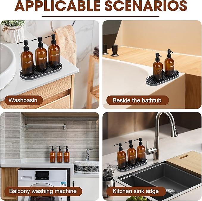 Nemosupery Amber Glass Shampoo and Conditioner Dispenser Set – 16.9oz Refillable Bottles with Stainless Steel Pump, Non-Slip Mat & Waterproof Labels –Shampoo Conditioner Body Wash Dispenser for shower