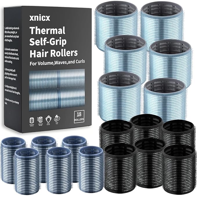 Self-Grip Ceramic Ionic Thermal Hair Rollers Set - 18 Velcro Rollers for Long and Short Hair, Blowout Look, Salon Quality