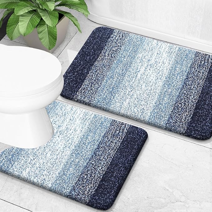 OLANLY Bathroom Rug Set 2 Piece, Soft Absorbent Microfiber Bath Mats and U-Shaped Contour Toilet Rug, Non-Slip, Machine Wash Dry, Plush Shaggy Bath Mats for Bathroom (30"x20"+24"x20", Airy Blue)