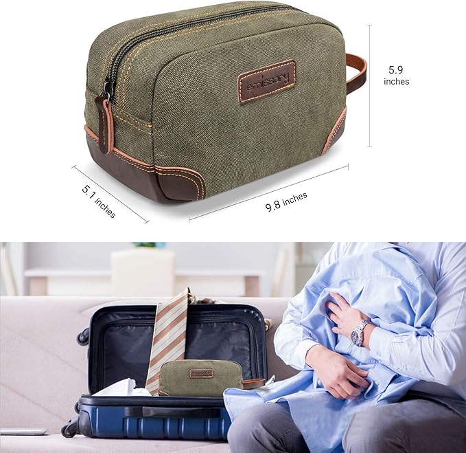 emissary Men's Canvas Travel Toiletry Bag, Leather Dopp Kit - Dark Green