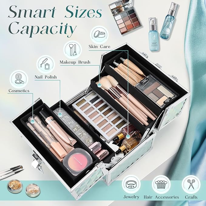 FRENESSA RENESSA Makeup Train Case Portable Makeup Case Organizer Cosmetic Box Make Up Box Makeup Organizer Cosmetic Storage Cases with Locking Nail Kit Organizer Travel Case Shiny Blue