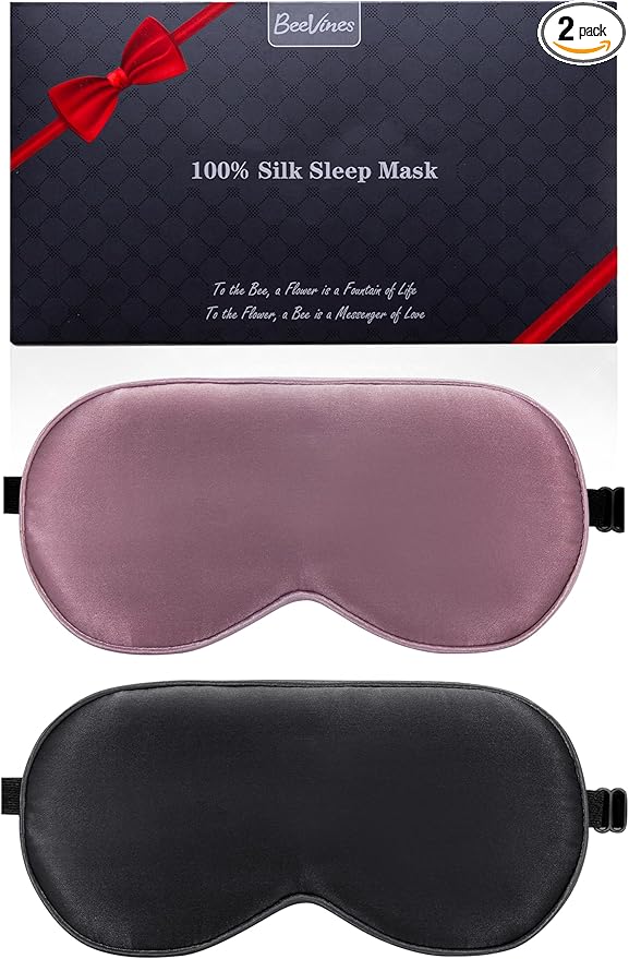 BeeVines 100% Real Mulberry Silk 2 Pack Sleep Mask, Pure Silk Eye Masks with Adjustable Strap for Sleeping, Block Light Eye Shade Cover, Reduces Puffy Eyes Traveling Gifts(Black & Ruby Purple)