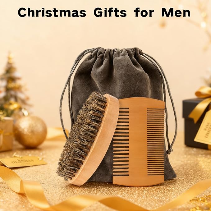 viviyoo Beard Brush and Comb Set for Men Boar Bristle Beard Brush, Wooden Comb & Travel Pouch White Elephant Gifts, Christmas Stocking Stuffers for Husband Dad Boyfriend Portable Beard Grooming Kit