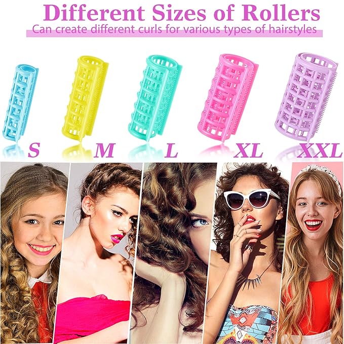 30 Pieces Plastic Hair Rollers - Self-Grip Curlers in 5 Sizes, No Heat Required for DIY Hair Styling and Salon Use