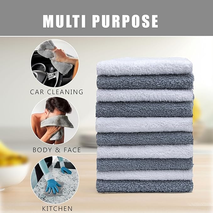 Terry Washcloths – 12x12 Inches – Pack of 10 – Grey & White – Highly Absorbent, Soft Feel and Multipurpose Cotton Wash Cloths for Everyday Use