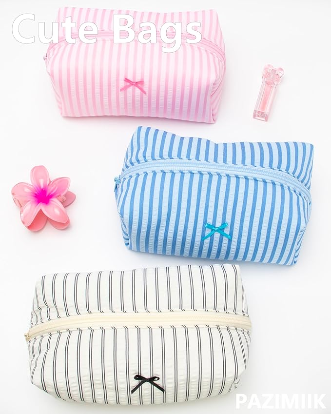 Cozy Makeup Bag for Women,Zipper Cosmetic Pouch,Stripe Lake Blue,2 Pack