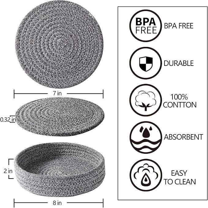 Coga Trivets for Hot Dishes, 5 Pack 7 Inch Cotton Hot Pads for Kitchen with Storage Basket, Round Pot Holders for Kitchen, Heat Resistant Mats for Countertop, Pots and Pans, Farmhouse Decor, D Grey