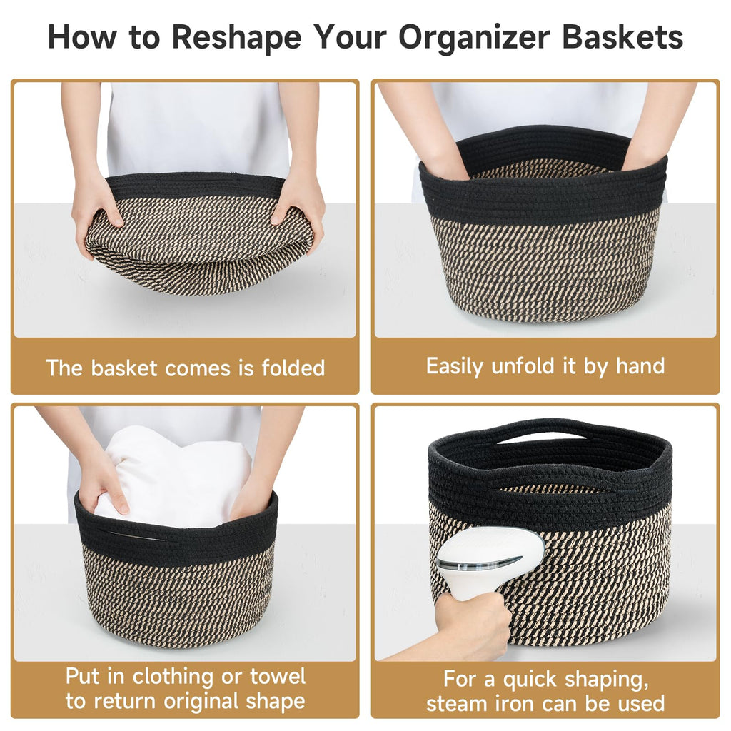 Maxuni 3 Pack Small Rope Storage Baskets, 9.82×9.82×7.1", Brown+Black