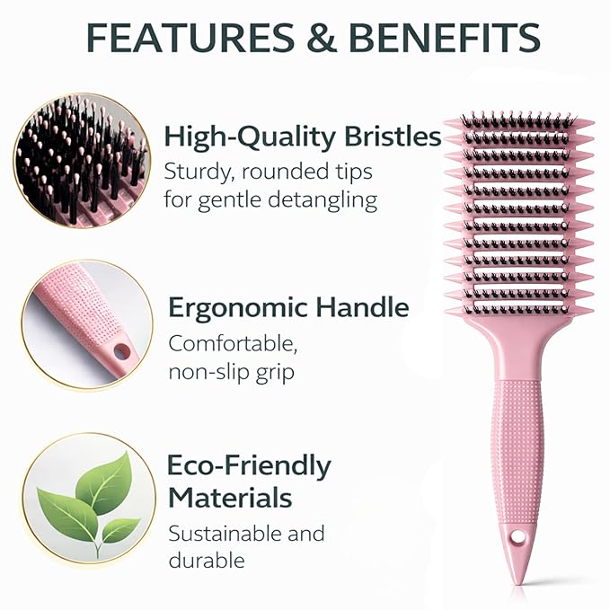 Curl Defining Brush with Hair Clips – Detangling Tool for Wet or Dry Styling, Ideal for Curly Hair, Women & Girls (Pink)