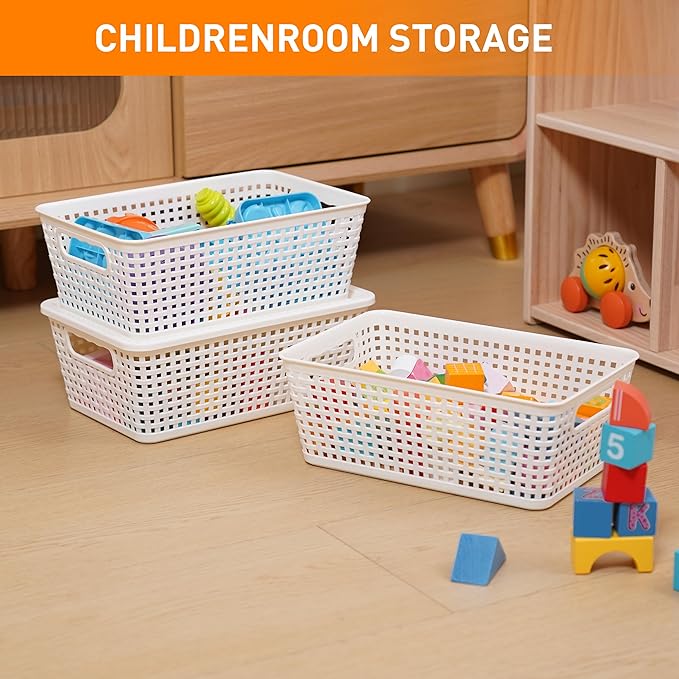 Anywish Plastic Storage Baskets With Lid, Storage Bins for Organizing, Stackable Decorative Containers for Shelves Drawers Desktop Closet Playroom Classroom Office, 8 Pack-White