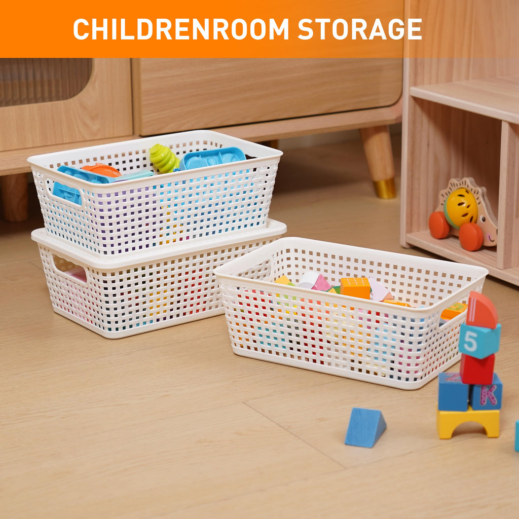 Anywish Plastic Storage Baskets With Lid, Storage Bins for Organizing, Stackable Decorative Containers for Shelves Drawers Desktop Closet Playroom Classroom Office, 8 Pack-White