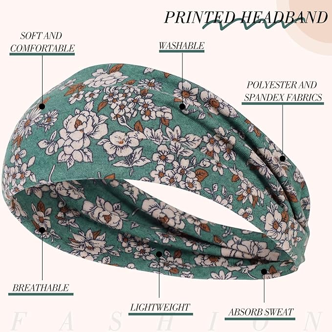 obeoby Boho Style Headbands for Women, 8 Pack Non Slip Headbands Fashion Hippie Clothes Outfit Gift Wide Hairband Hair Wrap