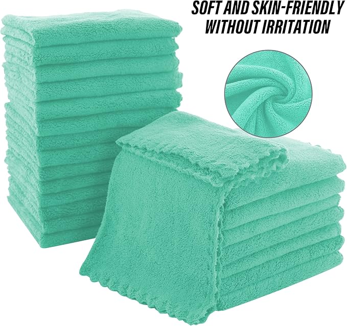 MOONQUEEN Ultra Soft Premium Washcloths Set - 12 x 12 inches - 24 Pack - Quick Drying - Highly Absorbent Coral Velvet Bathroom Wash Clothes - Use as Bath, Spa, Facial, Fingertip Towel (Aqua Green)