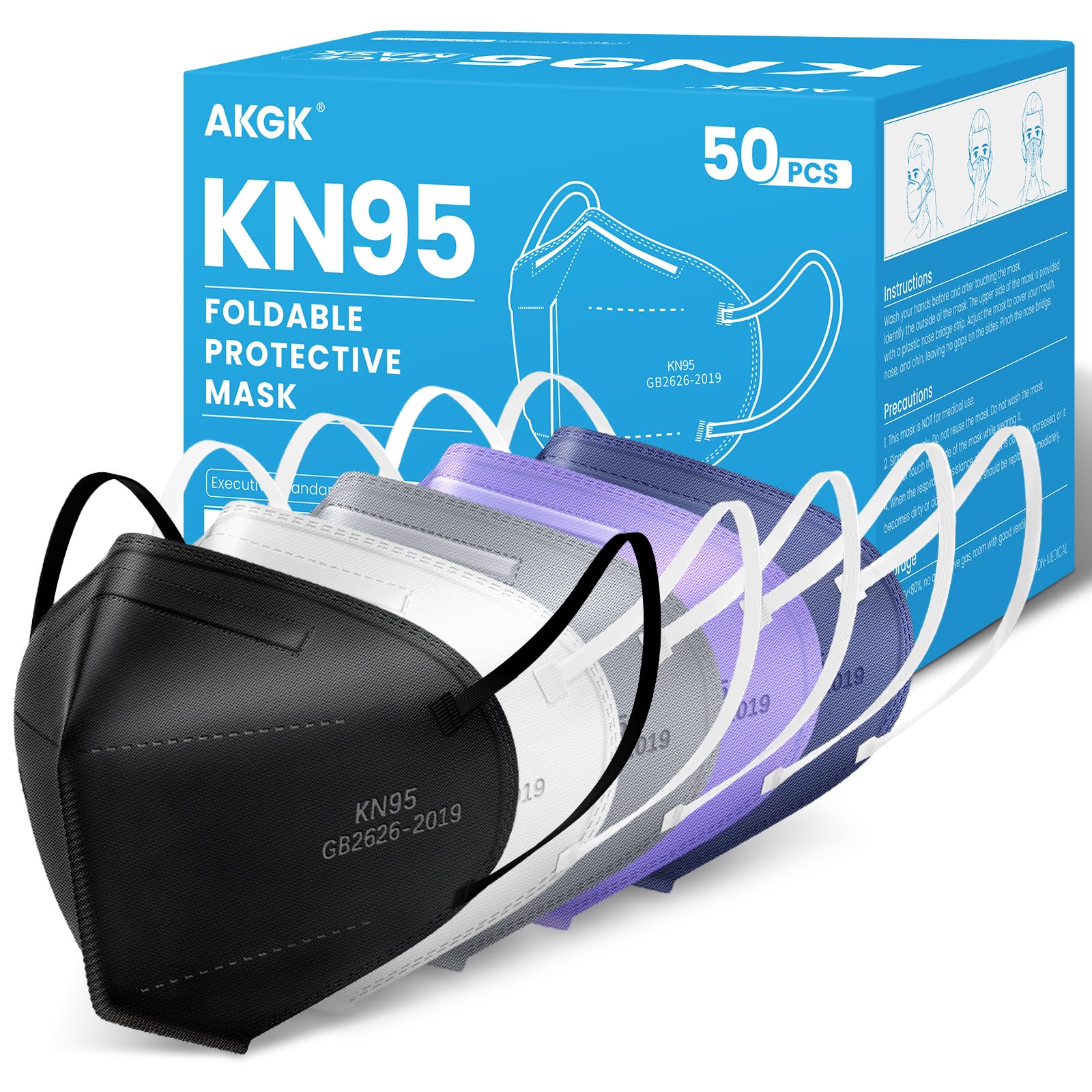 akgk KN95 Face Mask, Breathable Protection Masks, 5-Ply KN95 Multicolor Masks, Cup Dust Safety Masks 50 PCS(Black, White, Grey, Purple, Navy Blue)