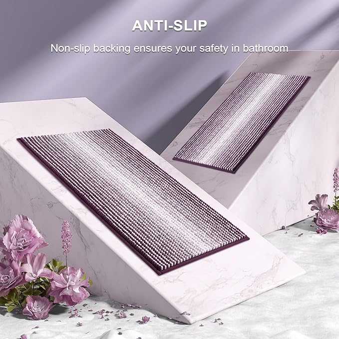 BSICPRO Bathroom Rugs and Mats Sets, 2 Piece Thick Absorbent Chenille Bath Mat Rug Set Non Slip, Soft Shaggy Bath Room Floor Mats for Bathroom, Machine Washable (Mauve Wine, 24" x 70" Plus 20" x 32")