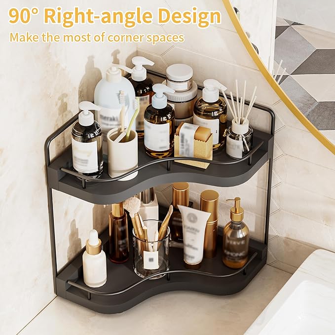 Aollewoiti 2-Tier Corner Bathroom Counter Organizer with Embedded Screw Holes, Secure & Stable Wood Vanity Shelf for Makeup and Skincare Essentials - Space Saving Bathroom Countertop Storage, Black