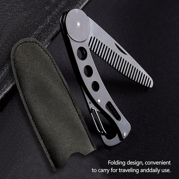 Kootinn Stainless Steel Folding Beard Comb - Portable Multifunction Anti Static Comb with Leather Cover for Men Grooming, Combing Hair, and Mustache Styling