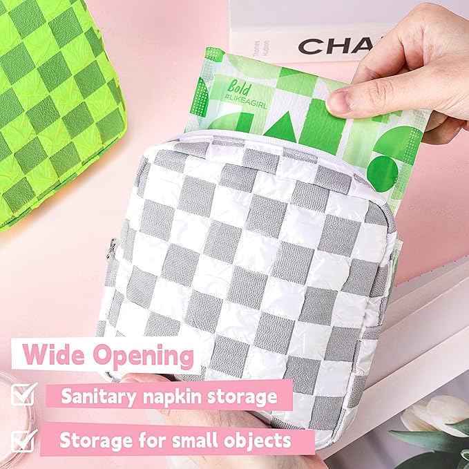 Desing Wish Sanitary Napkin Storage Bag Polyester Fabric Period Bag for Teen Girls Sanitary Pad Pouch for Sanitary Napkins/Tampons/Panty Liners Privacy Protector Pad Bag (Bubble-Check, White)