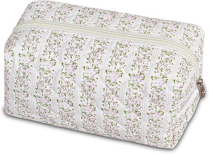 GISMTR Quilted Makeup Bag Floral Cotton Make up Bag Puffy Coquette Makeup pouch Aesthetic Cute Travel Toiletry Bag for Women Girls