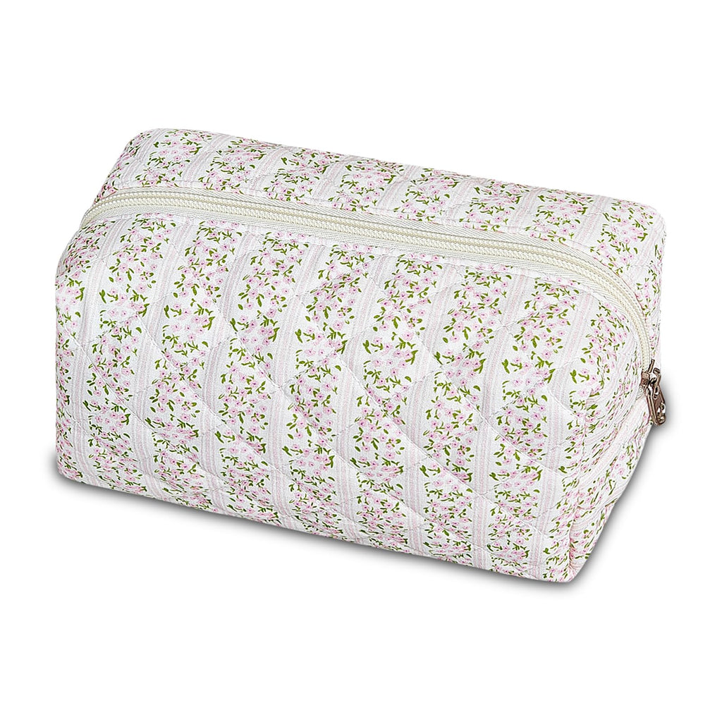 GISMTR Quilted Makeup Bag Floral Cotton Make up Bag Puffy Coquette Makeup pouch Aesthetic Cute Travel Toiletry Bag for Women Girls