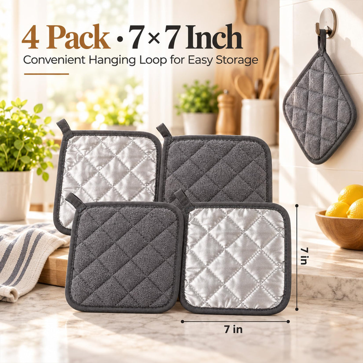 MAQIHAN 4 PCS Pot Holders for Kitchen - Cotton Hot Pads for Kitchen Gray