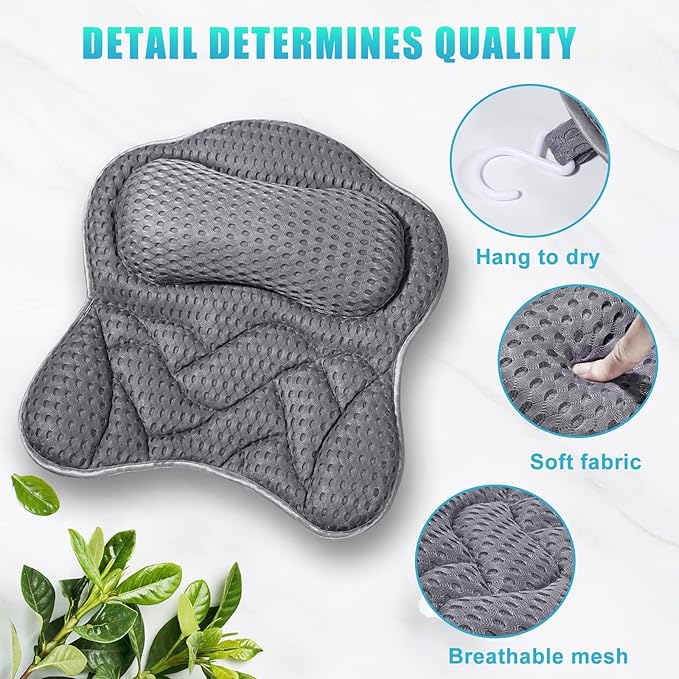 Fitheaven Bath Pillow, Tub Pillow for Bathtub with Strong Non-Slip Suction Cups and Comfortabl 3D AirMesh Bath Pillow for Women &Man