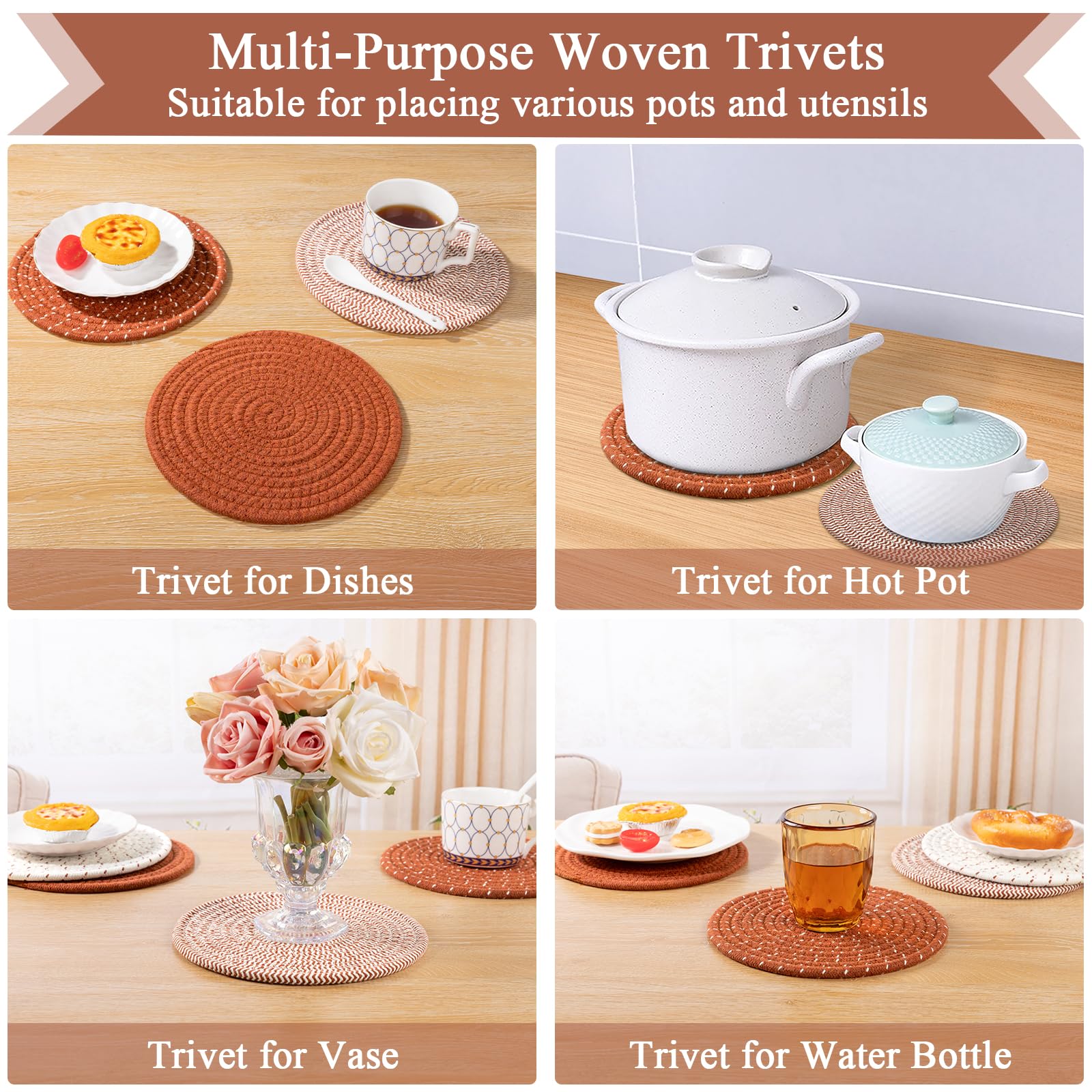 SHACOS 8 Inches Trivets for Hot Dishes, 4 Pieces Cotton Trivets Mats for Kitchen, Hot Pads for Countertops and Table, Heat-Resistant Pot Holders for Hot Pots and Pans(Dark Orange, 4pcs)