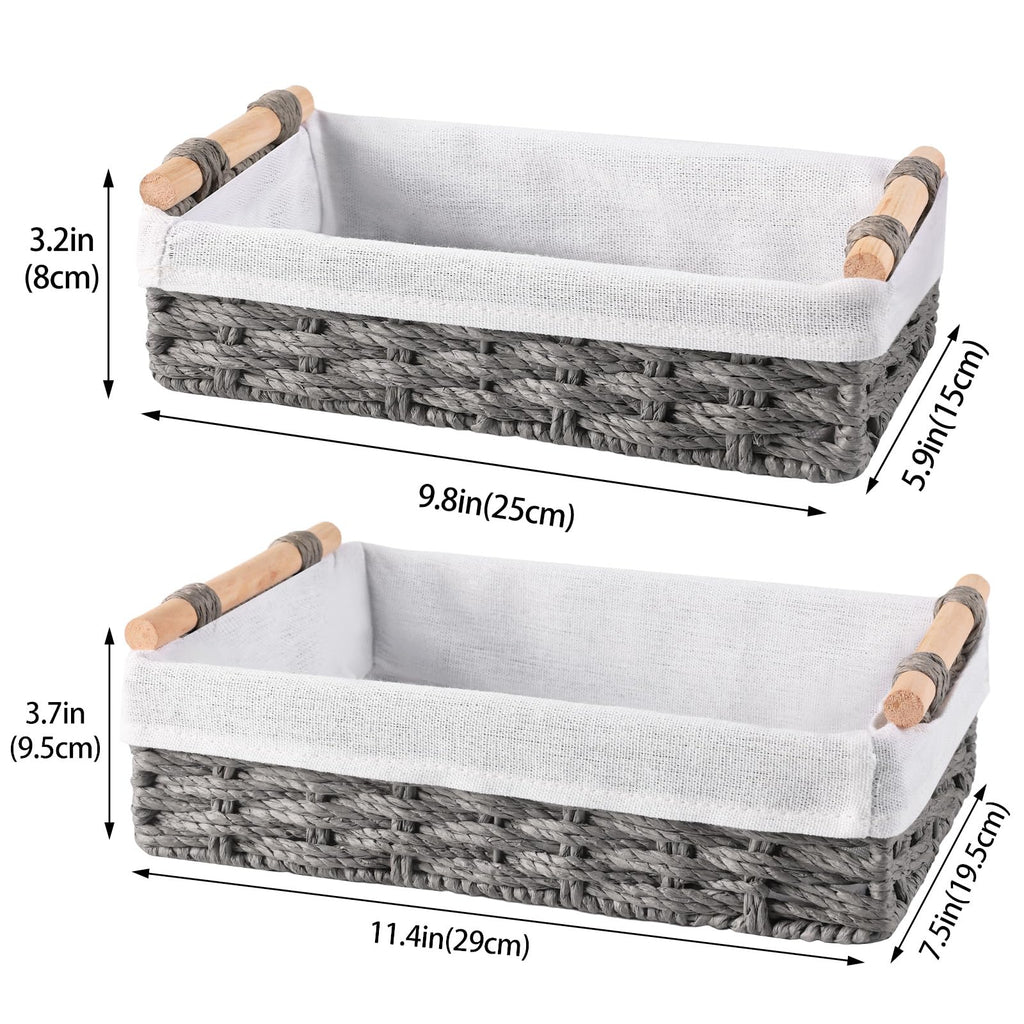 HomeHacks 2 Pack Storage Basket Paper Rope Baskets for Organizing with Handle Decorative Storage Bins for Countertop Toilet Paper Basket for Toilet Tank Top Small Baskets, Grey