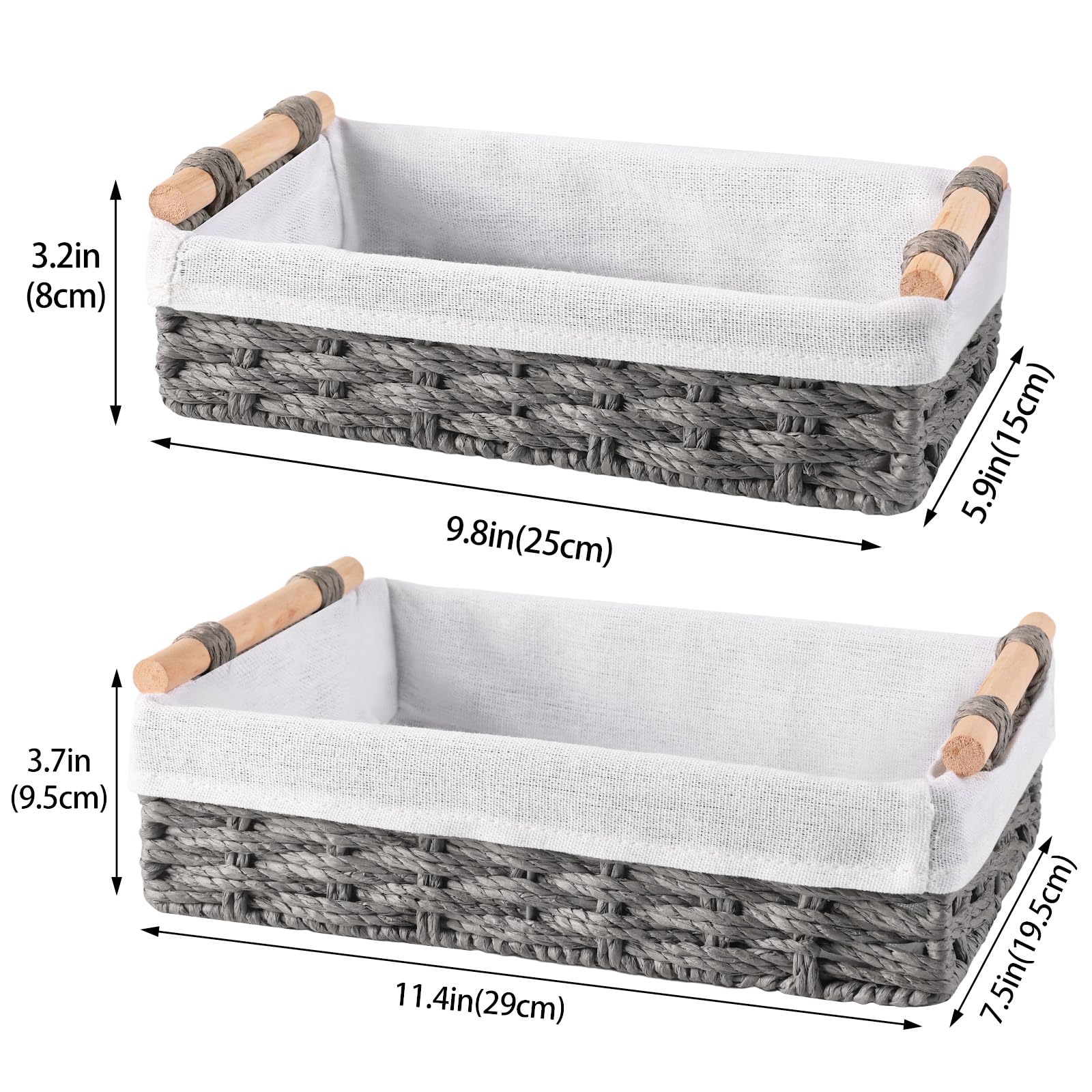 HomeHacks 2 Pack Storage Basket Paper Rope Baskets for Organizing with Handle Decorative Storage Bins for Countertop Toilet Paper Basket for Toilet Tank Top Small Baskets, Grey