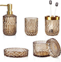 LaMarriti Brown Bathroom Accessories Set, 5Pcs Glass Bathroom Set, Soap Dispenser and Toothbrush Holder Set, Soap Dish, Qtips Holder, Tumbler for Crystal Vintage Bathroom Decor