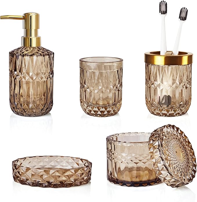 LaMarriti Brown Bathroom Accessories Set, 5Pcs Glass Bathroom Set, Soap Dispenser and Toothbrush Holder Set, Soap Dish, Qtips Holder, Tumbler for Crystal Vintage Bathroom Decor