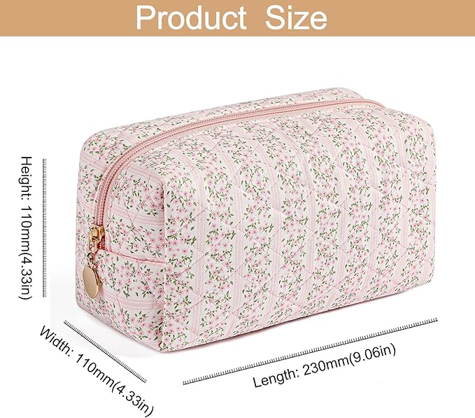 HHQQWZ Makeup Bag Travel Cosmetic Bag for Women Girls, Zipper Make Up Pouch, Floral Flowers Toiletry Organizer Makeup, Portable Storage Cosmetic Travel Cloth Bag (Pink+Flower-Pink)