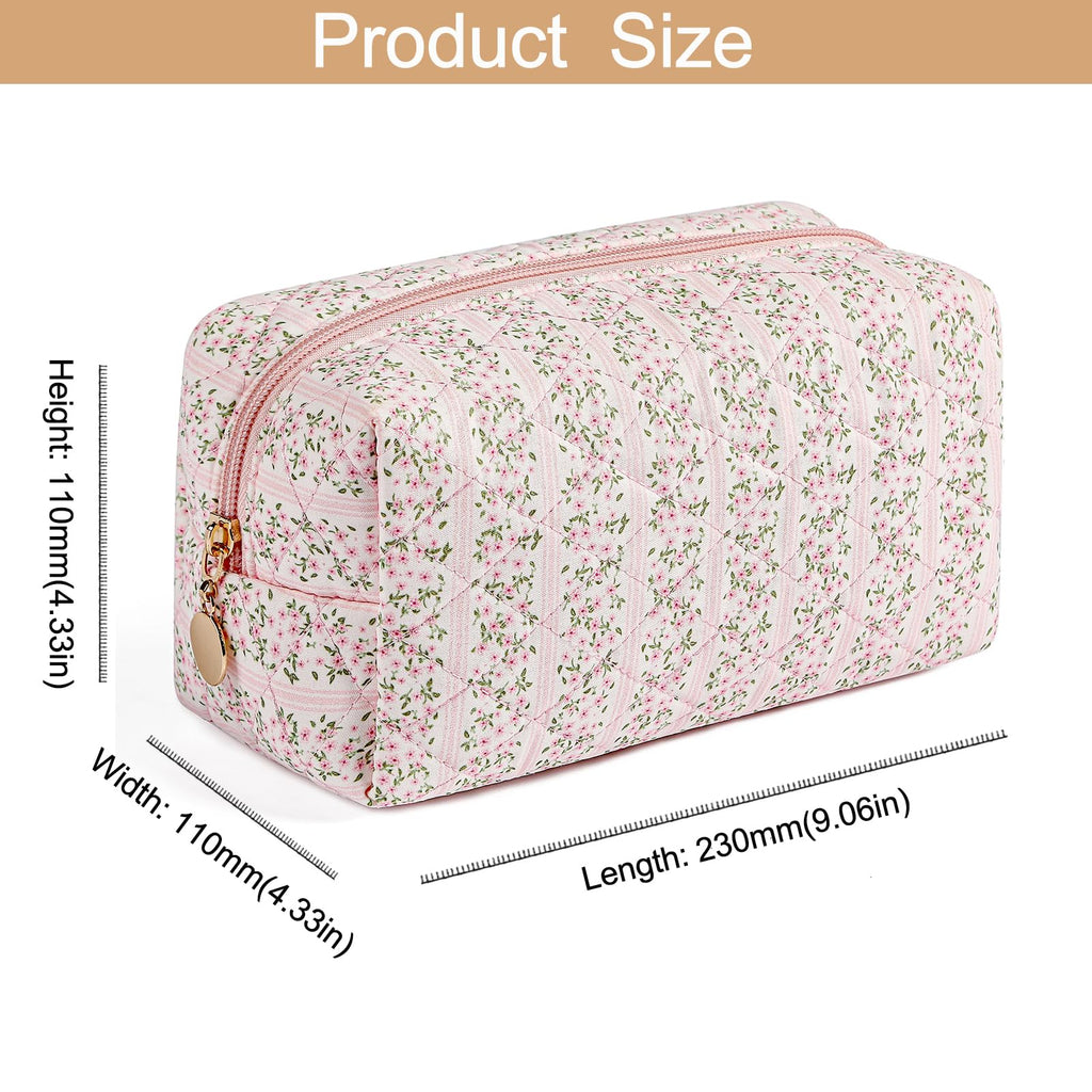 HHQQWZ Makeup Bag Travel Cosmetic Bag for Women Girls, Zipper Make Up Pouch, Floral Flowers Toiletry Organizer Makeup, Portable Storage Cosmetic Travel Cloth Bag (Pink+White Small Flower)
