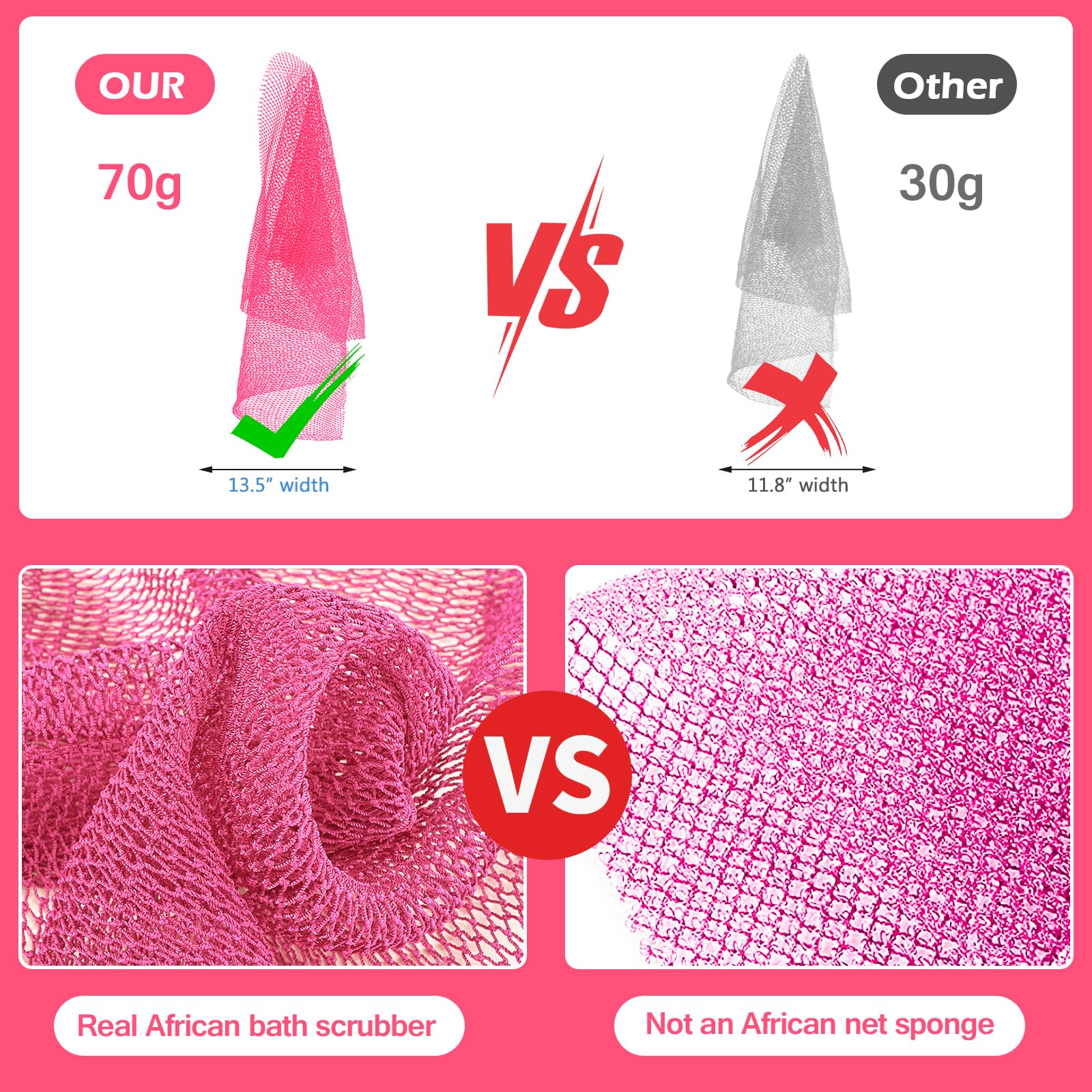 ZOCY African Net Sponge, Authentic Exfoliating Body Scrubber for Bath and Shower, Multiple Textures with Gentle Deep Exfoliating and Rich Lather for All Skins (Pink)