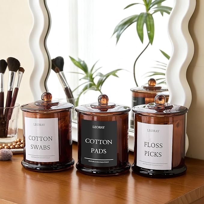 3 Pack Glass Qtip Holder Dispenser with Lids, Airtight Waterproof, 16 Oz Vanity Organizer Bathroom Canisters for Cotton Swabs, Balls, Pads, Floss Picks, Restroom Bedroom Kitchen Storage Jars, Amber