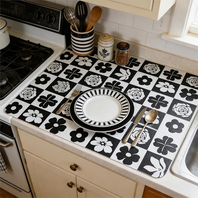 Drawer and Shelf Liner for Kitchen Cabinet,Non Adhesive Anti-Slip Double Layer PVC Waterproof Easy Clean for Dresser Bathroom Refrigerator with Knife Tape Measure(12 in X 20 Ft Black & White Flowers)
