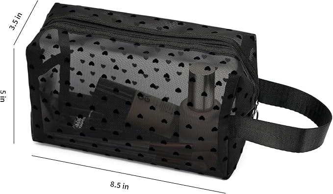 TOPASION Portable Mesh Makeup Bag with Zipper Small Travel Toiletry Bag Lightweight Cosmetic Pouch (Black&Black Heart with Handle)