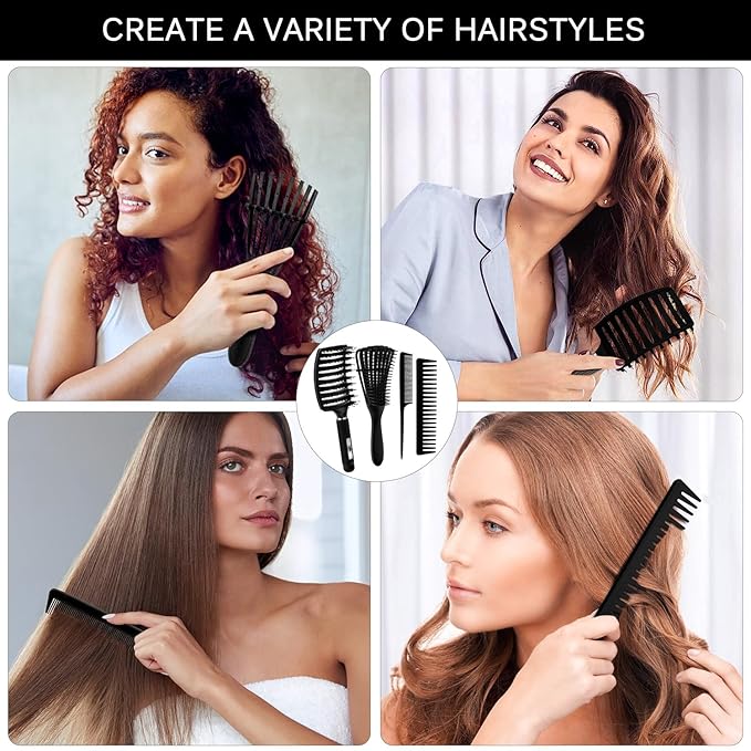 4pcs Curly Hair Brush Set for Adult & Kids Wet or Dry, Detangling Brush for 3/4ABC Hair with Wide Tooth Comb (4, Black)