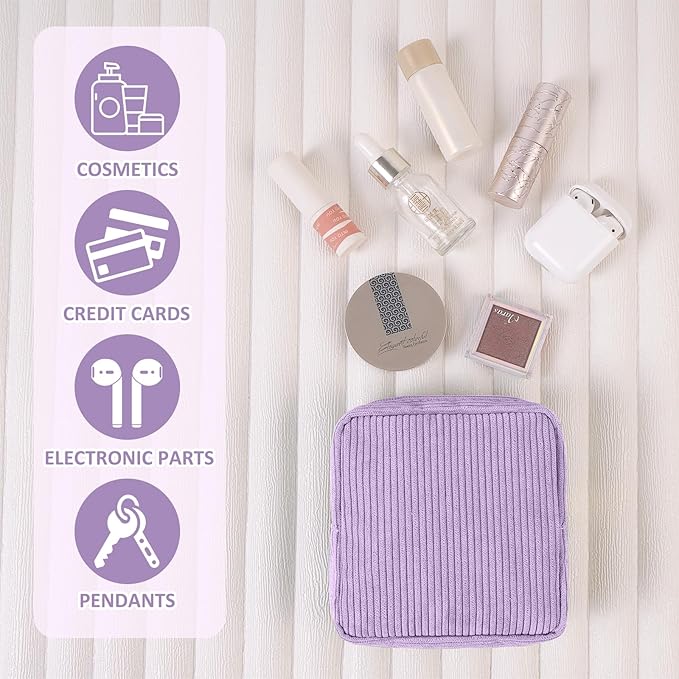 MAGEFY Small Makeup Bag Mini Cosmetics Bag Makeup Bag for Purse Corduroy Cute Cosmetic Pouch for Women with Slip-in Pockets (Purple)