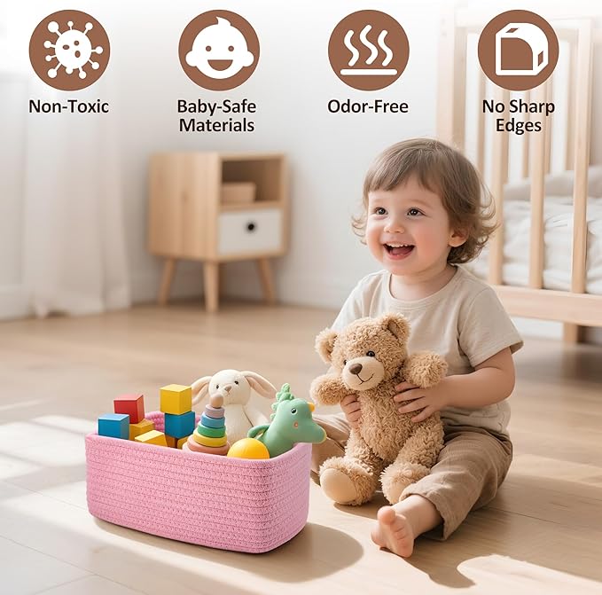 VIRETH HAUS 5-Pack Small Woven Rope Storage Baskets – 2 Sizes Organizer Bins for Closet, Shelf, Bookshelf, Nursery, Changing Table, Fabric Cube Boxes, Rectangular Shallow Bins for Bathroom, Toy & Home