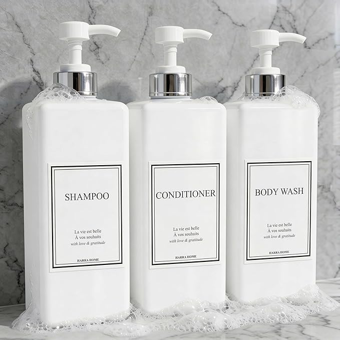 HARRA HOME Modern Gold Design Pump Bottle Set 27 oz Refillable Shampoo and Conditioner Dispenser Empty Shower Plastic Bottles with Pump for Bathroom Lotion Body wash, Pack of 3 (White & Silver)